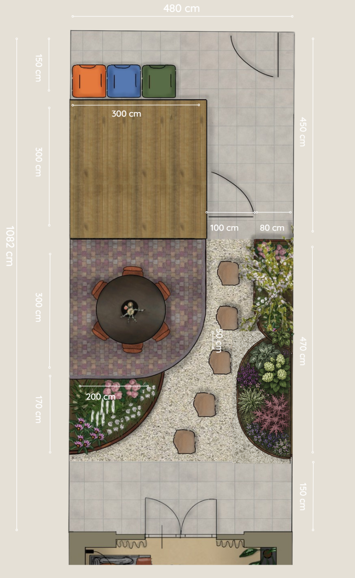 Plattegrond van het tuinontwerp voor Bianca & Tim